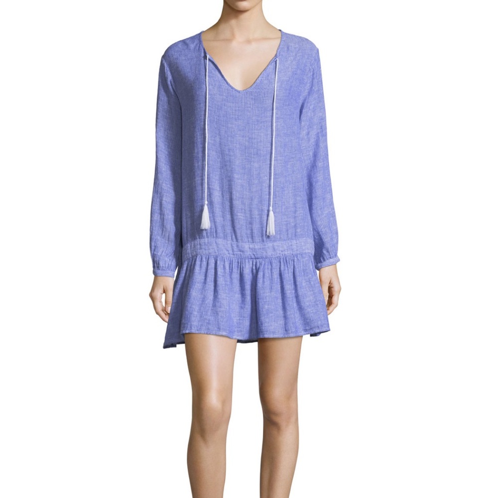 Rails Lydia Linen Blue White Stripe Ruffle Hem Split Neck Tassel Tie Dress